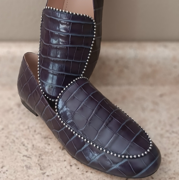 Coach Croc-Embossed Loafers in Deep Plum with Beaded Trim - Picture 2 of 7